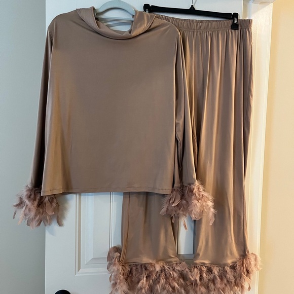 Feather Trimmed Tan Pajama Set - Picture 2 of 3
